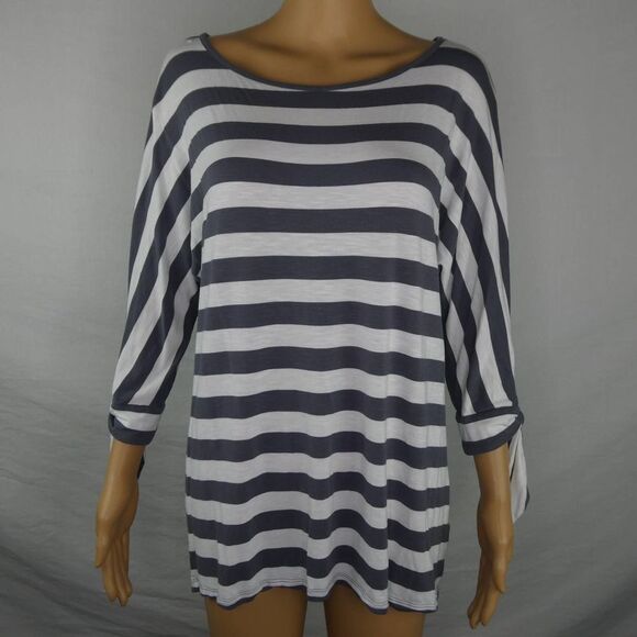 Soft Surroundings Striped Tie Sleeve Tunic Blouse Grey White Gray Medium - Picture 2 of 12